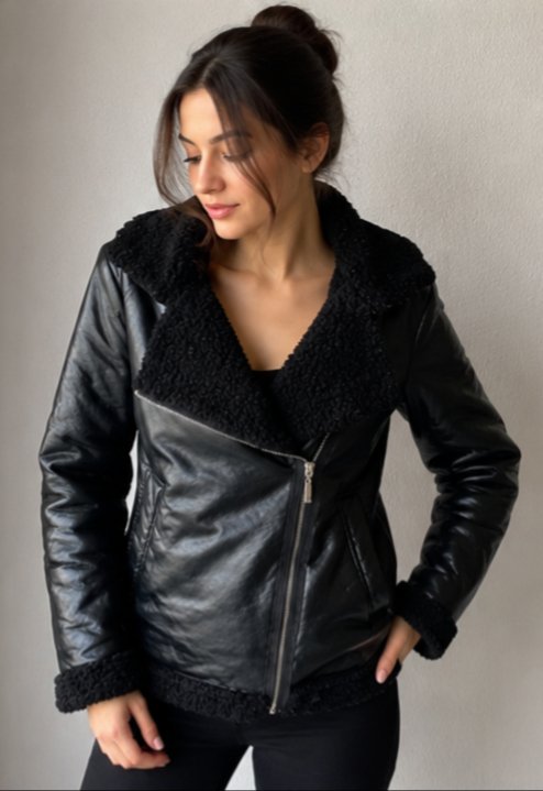 Suni Deri Biker İçi Kürklü Ceket/Mont
