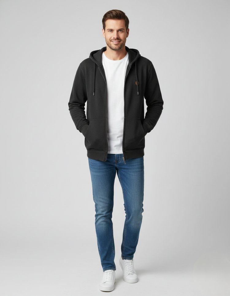 Siyah Fermuarlı Kapüşonlu Sweatshirt