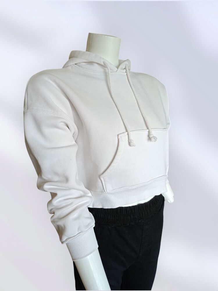 Kapüşonlu Beyaz Crop Sweatshirt