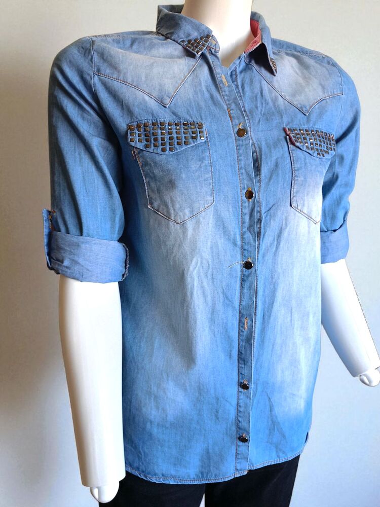 Taşlı Kot Denim Kadın Gömlek