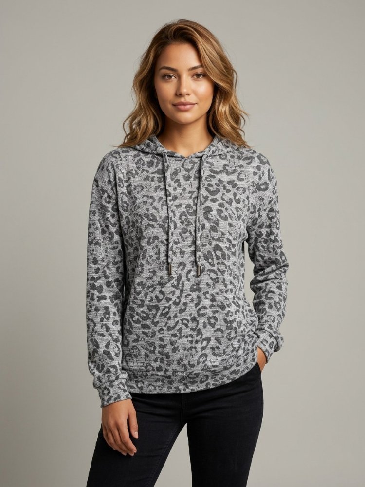 Gri Leopar Desenli Kapüşonlu Sweatshirt