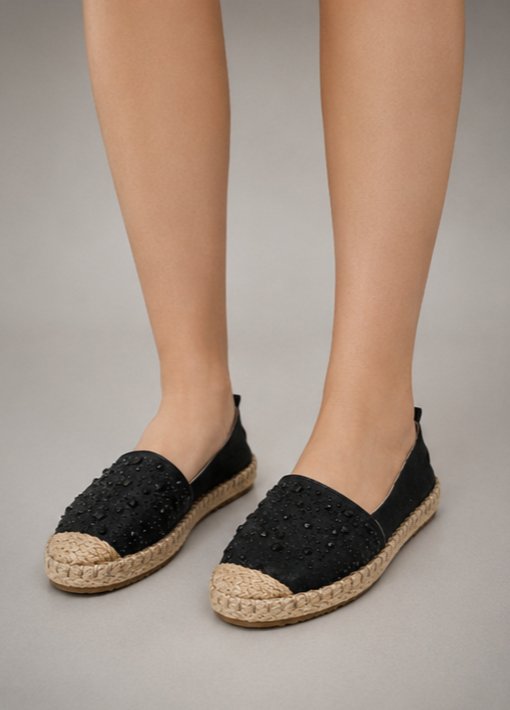 Bambi Siyah Taşlı ve Simli Espadril