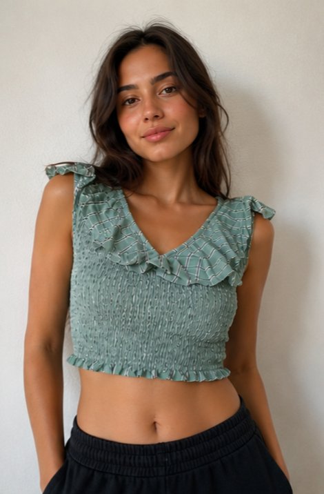 Yeşil Fırfırlı Crop Bluz