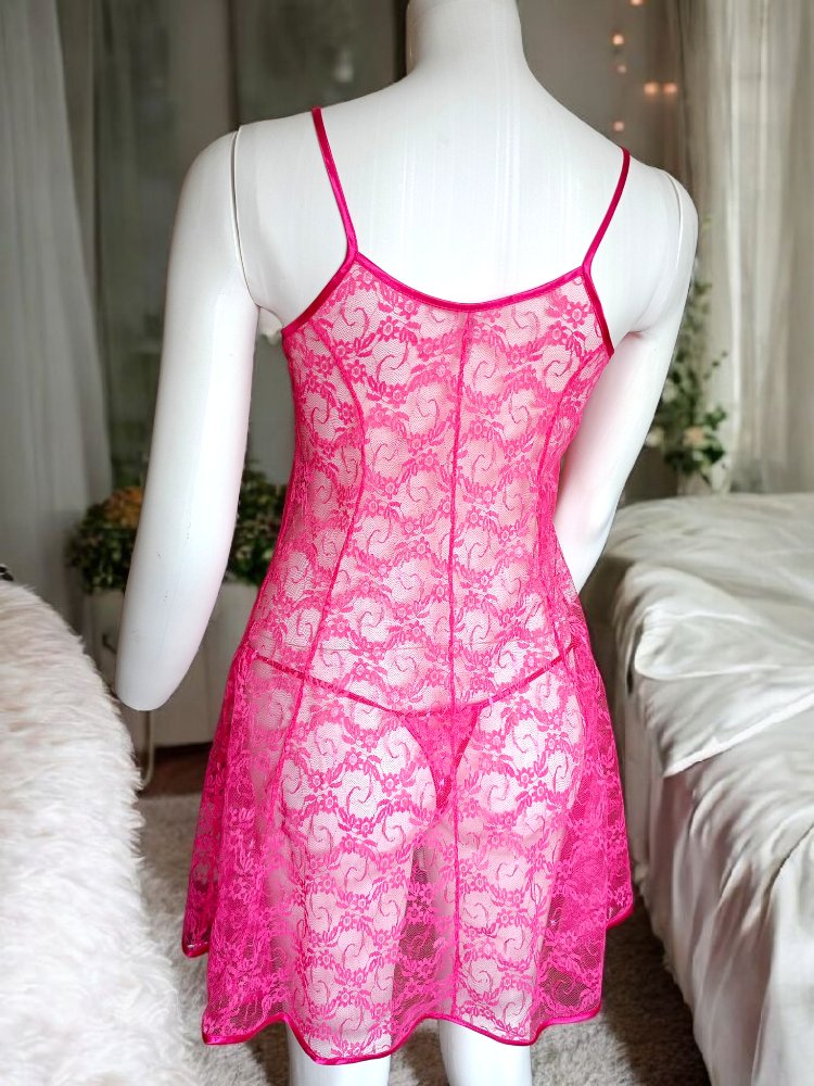 Pembe Dantel İşlemeli Mini Gecelik Takım