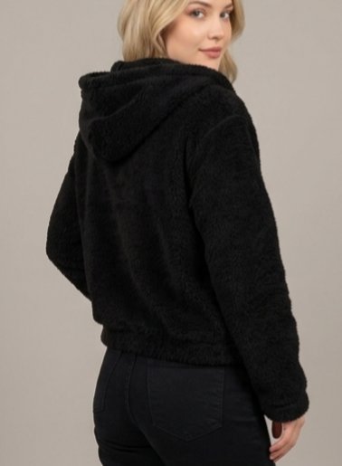 Siyah Kapüşonlu Peluş Mont/Sweatshirt