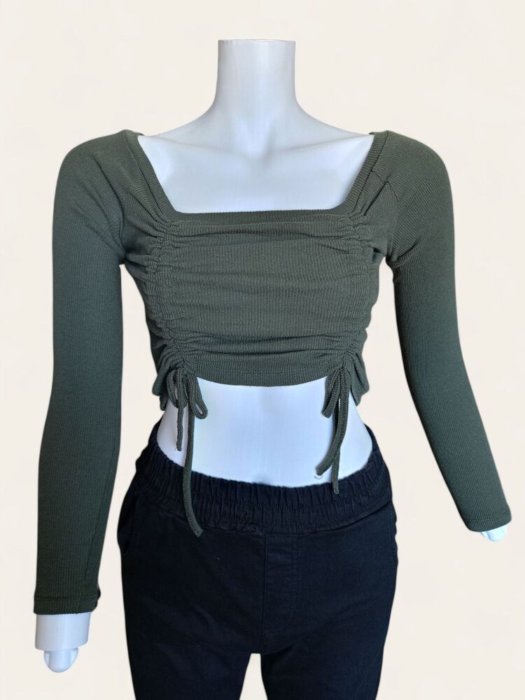 Haki Yeşil Yanları Büzgülü Crop