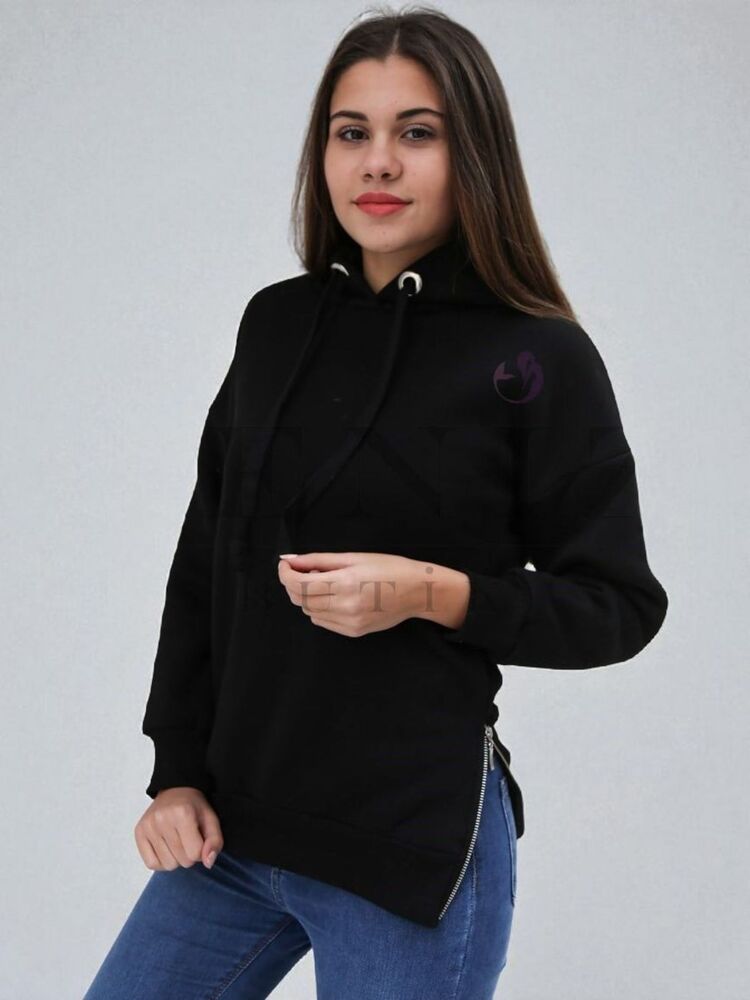 Yan Fermuarlı Siyah Kapüşonlu Sweatshirt