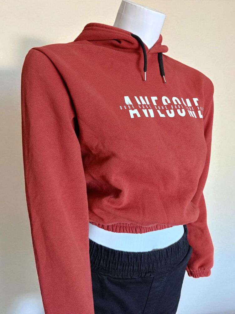 Baskılı Kapüşonlu Crop Sweatshirt