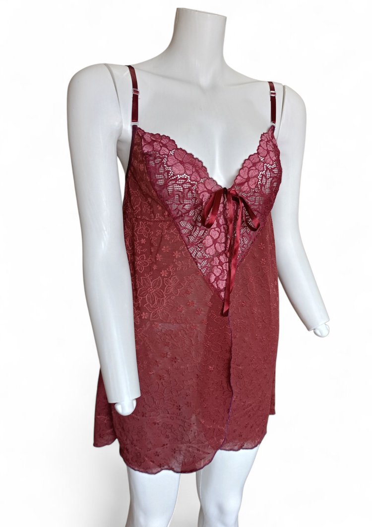 Bordo Dantelli İp Askılı Mini Gecelik Takım