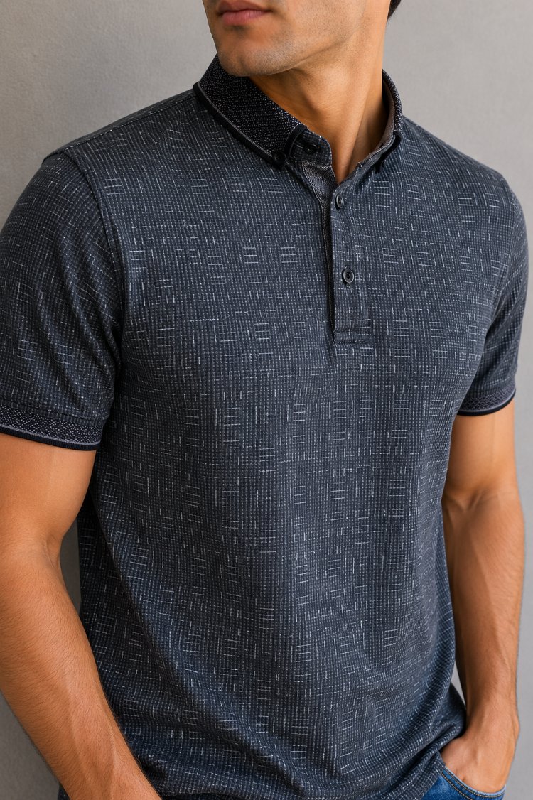 Koyu Gri Desenli Polo Yaka T-Shirt