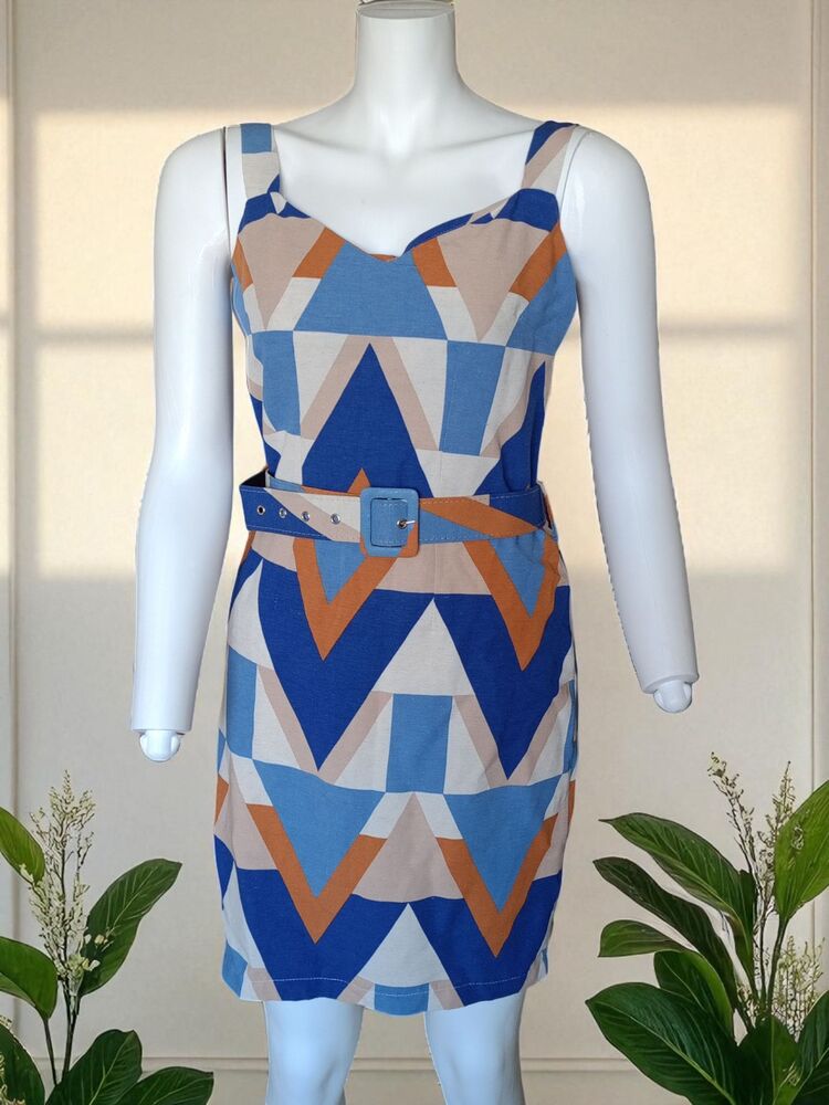 Geometrik Desenli Kemerli Mini Elbise