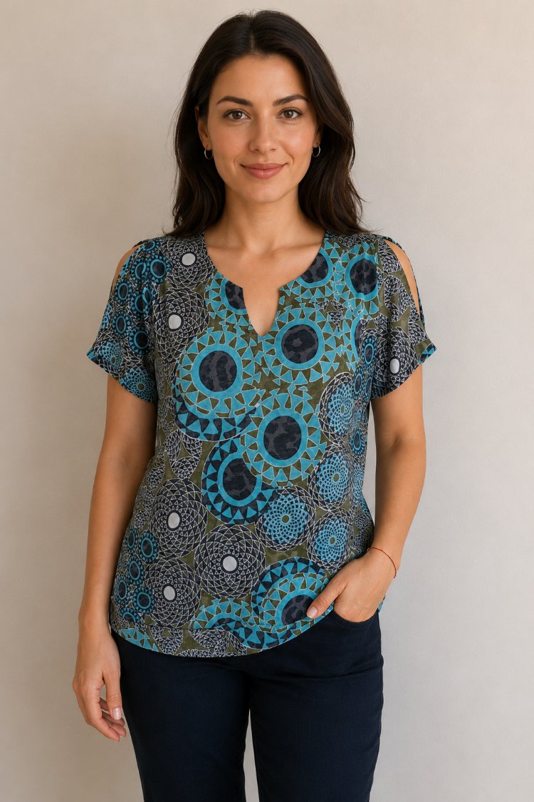 Omuz Dekokteli V yaka T-shirt/Bluz