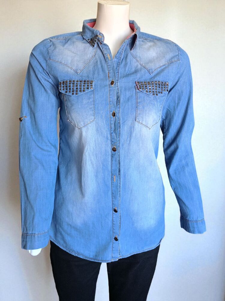 Taşlı Kot Denim Kadın Gömlek