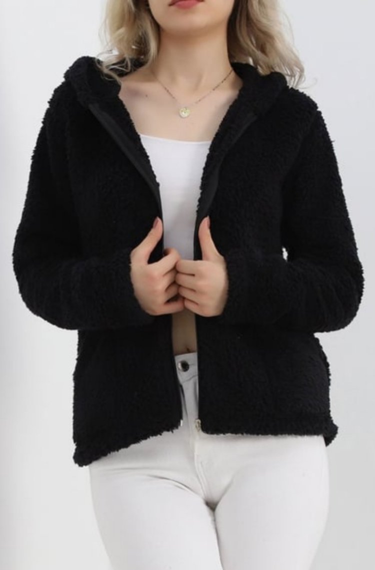 Siyah Kapüşonlu Peluş Mont/Sweatshirt
