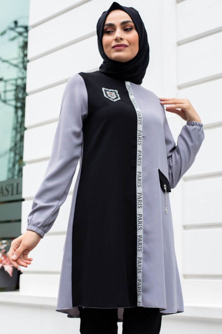 Yazı Detaylı Gri- Siyah Tunik