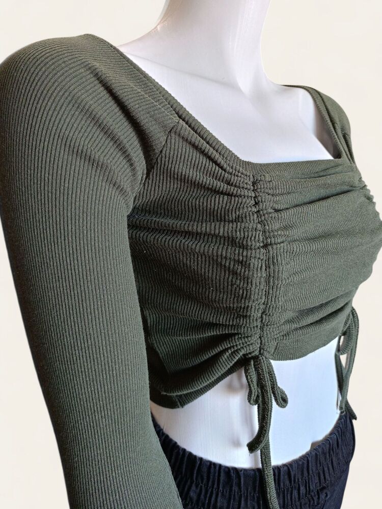 Haki Yeşil Yanları Büzgülü Crop