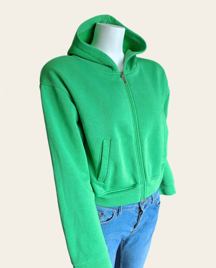 Kapüşonlu Fermuarlı Yeşil Sweatshirt