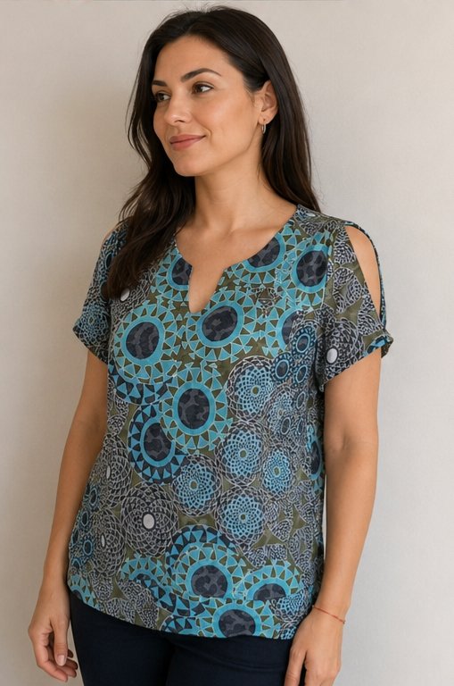 Omuz Dekokteli V yaka T-shirt/Bluz