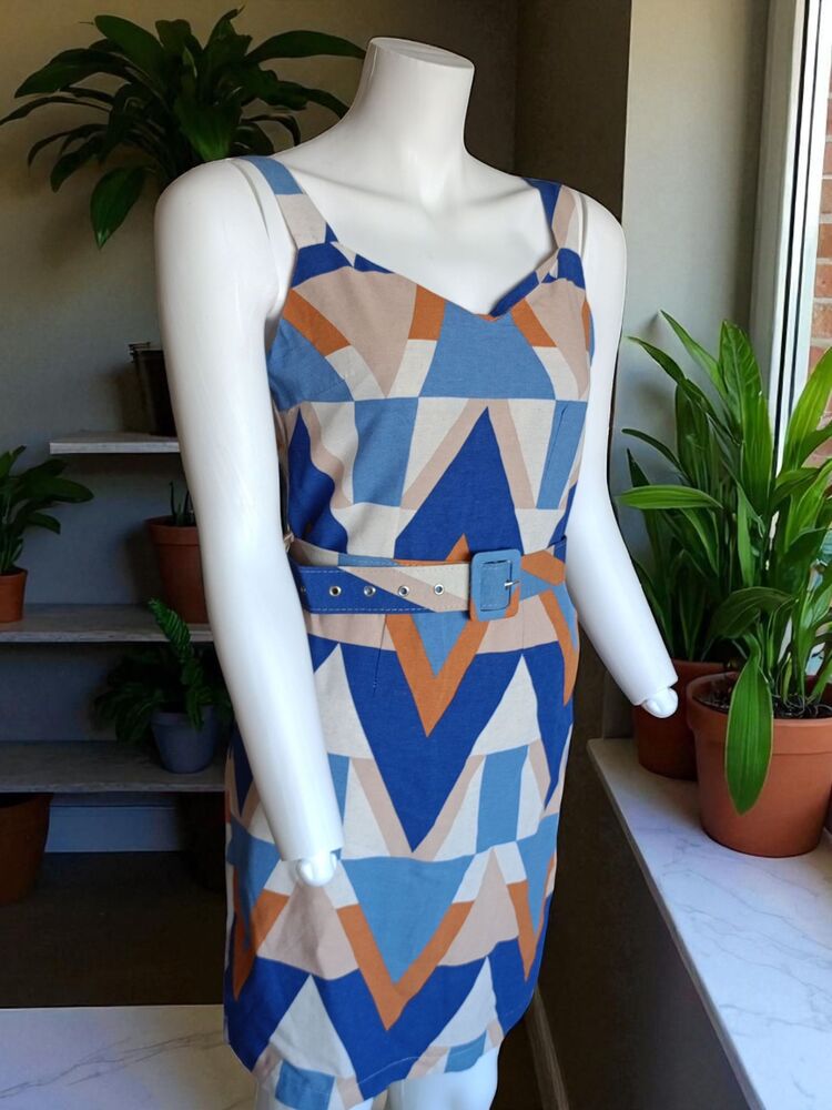 Geometrik Desenli Kemerli Mini Elbise