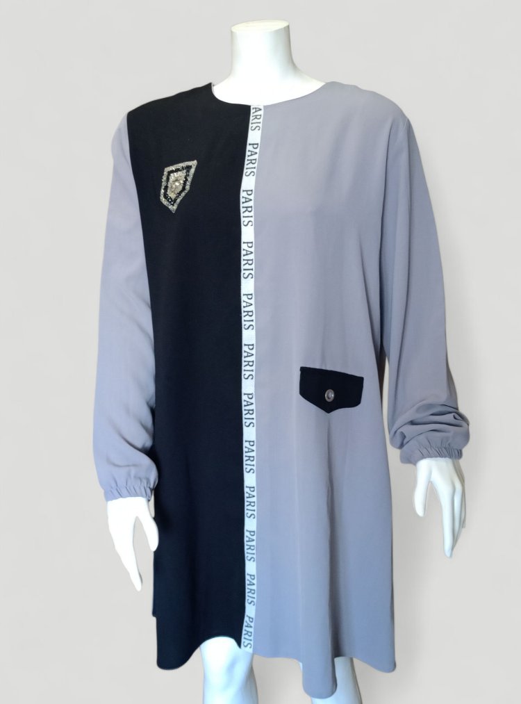 Yazı Detaylı Gri- Siyah Tunik