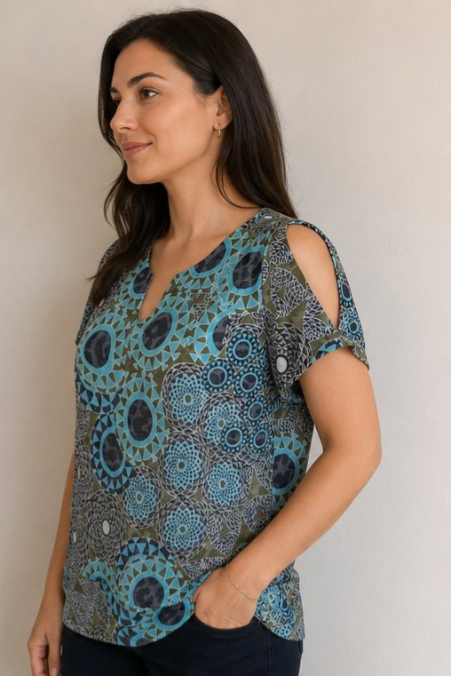Omuz Dekokteli V yaka T-shirt/Bluz