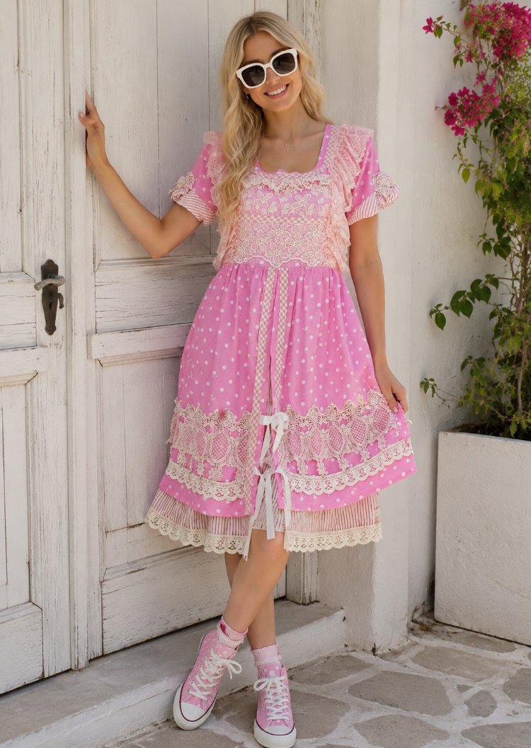 PEMBE PUANLI VİNTAGE ELBİSE 