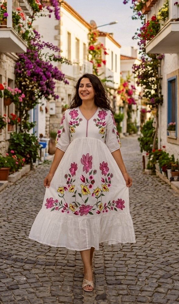 UZUN NAKIŞLI YAZLIK ELBİSE