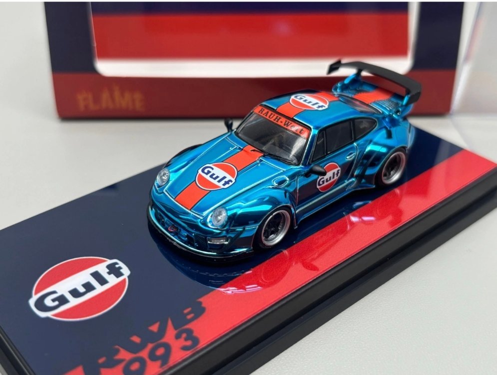 Flame Model Porsche RWB 993 Gulf Electroplated Blue Alloy Diecast Car Model