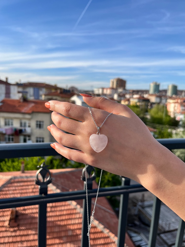 Çelik Toz Pembe Kuvars Doğal Taş Kolye