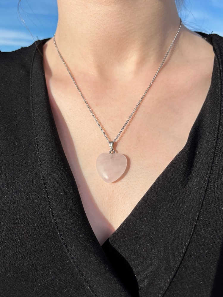 Çelik Toz Pembe Kuvars Doğal Taş Kolye