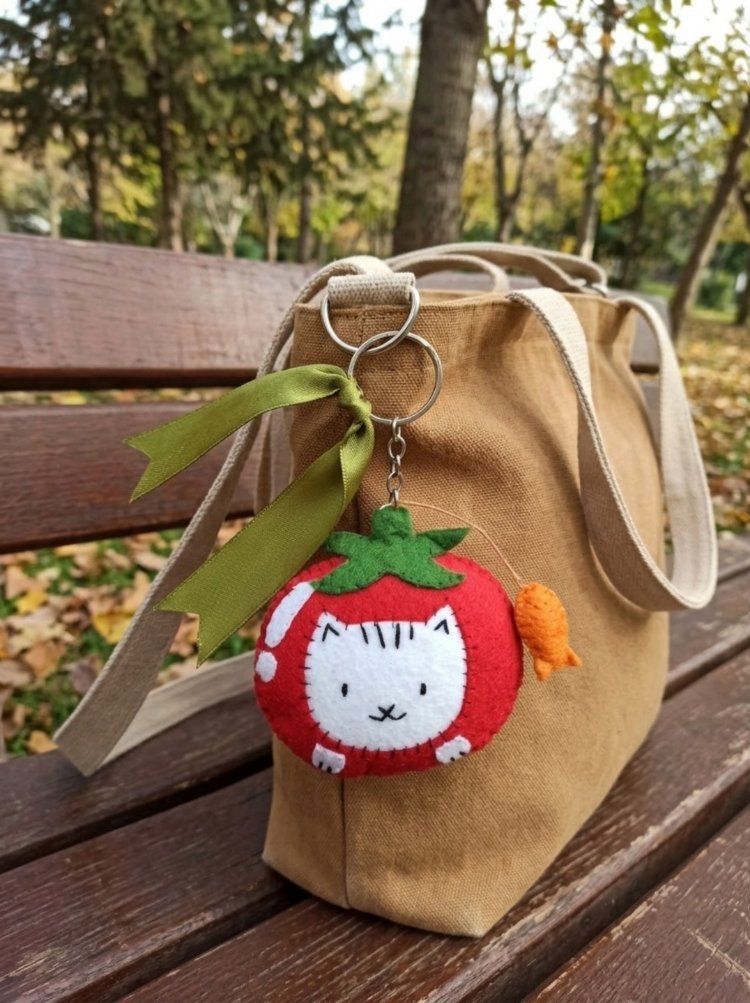 Kedi Figürlü Domates Çanta Charm/ Anahtarlık