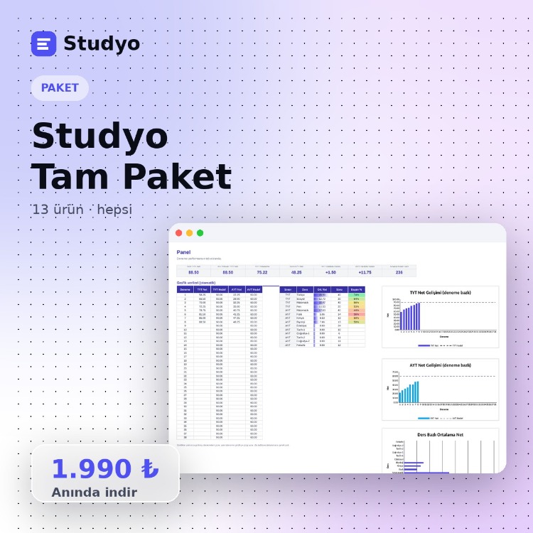 Studyo Tam Paket – 13 Ürün (YKS + Üniversite + Yurt Dışı)