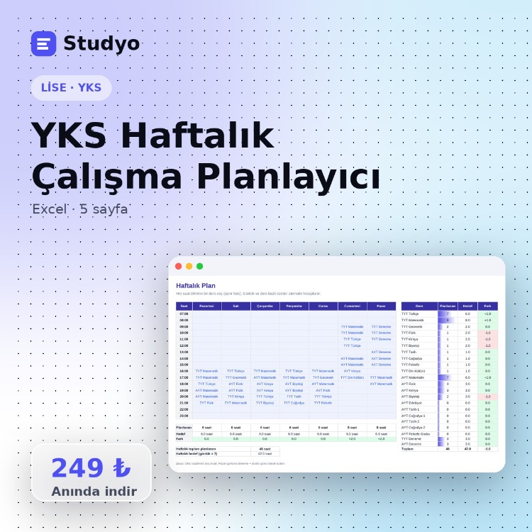 YKS Haftalık Çalışma Planlayıcı (Excel)