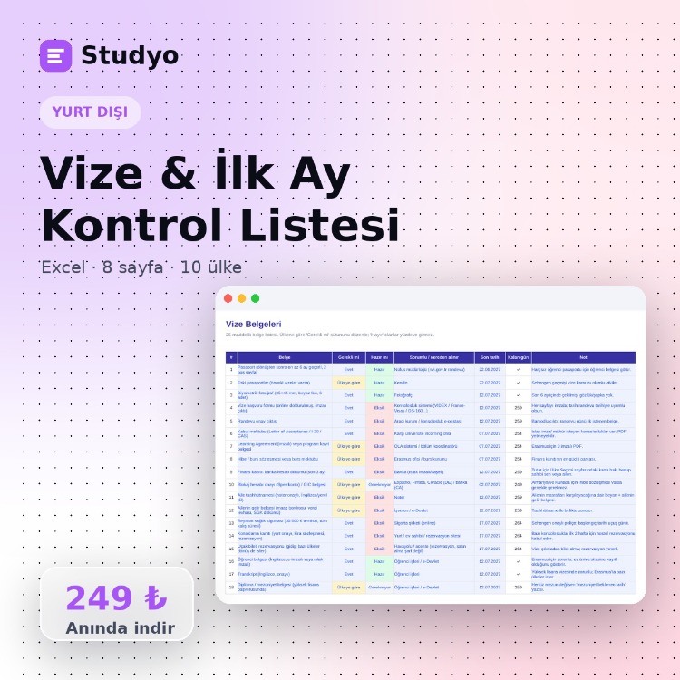 Öğrenci Vizesi & Yurt Dışı İlk Ay Kontrol Listesi – 10 Ülke (Excel)