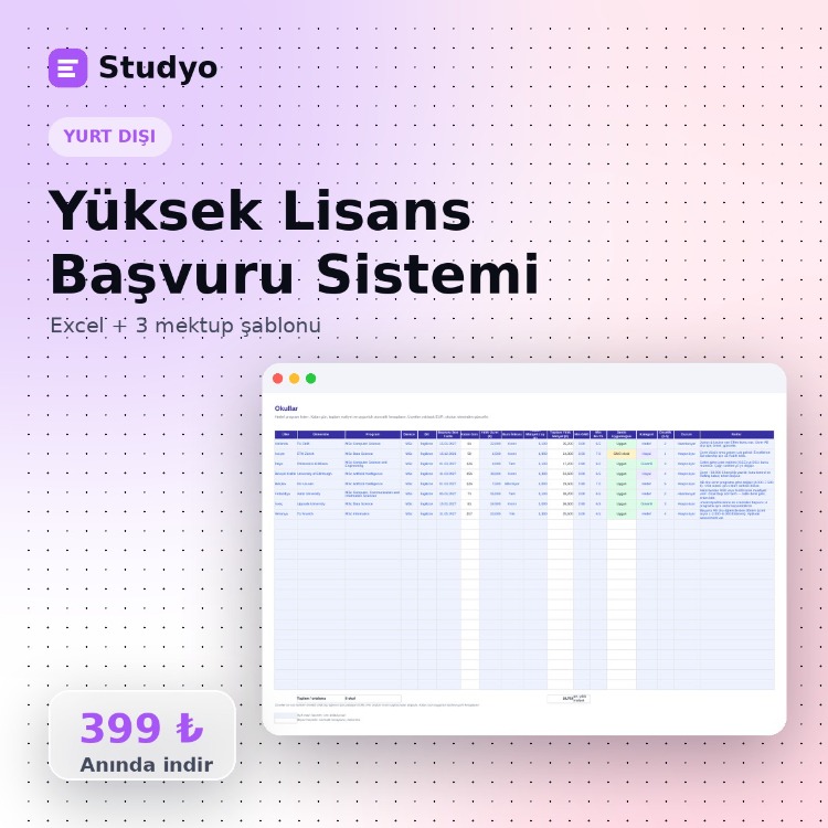 Yüksek Lisans Başvuru Sistemi + 3 Motivasyon Mektubu Şablonu (Excel + Word)