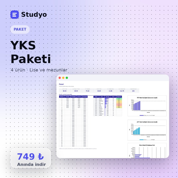 YKS Paketi – 4 Excel Aracı (Planlayıcı + Deneme Analizi + Konu Takip + Tercih)