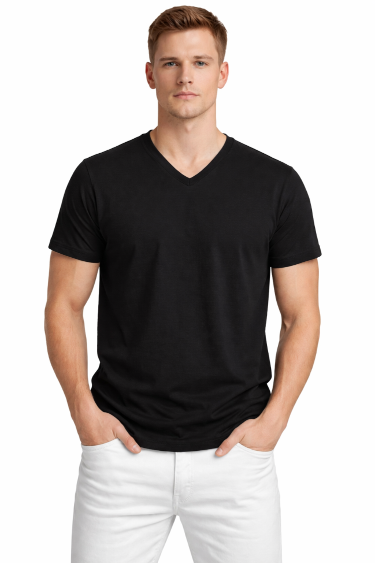 Siyah V Yaka Tişört Erkek %100 Pamuk | Slim Fit Basic T-Shirt