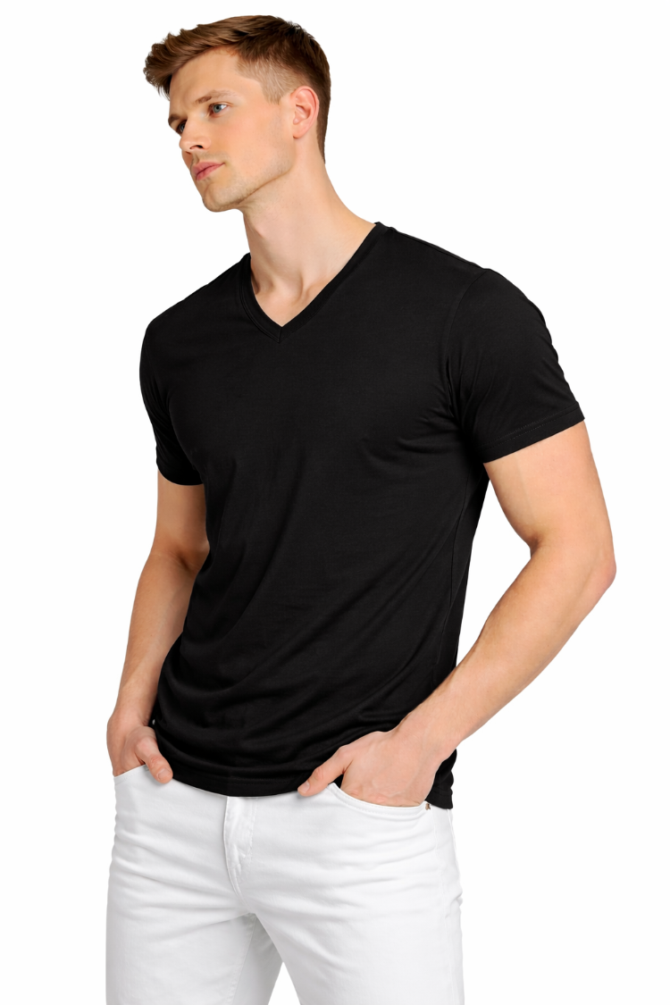 Siyah V Yaka Tişört Erkek %100 Pamuk | Slim Fit Basic T-Shirt