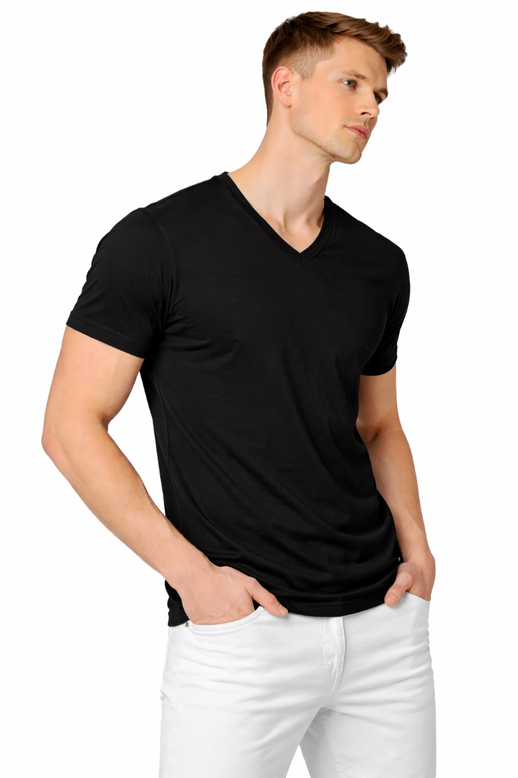 Siyah V Yaka Tişört Erkek %100 Pamuk | Slim Fit Basic T-Shirt