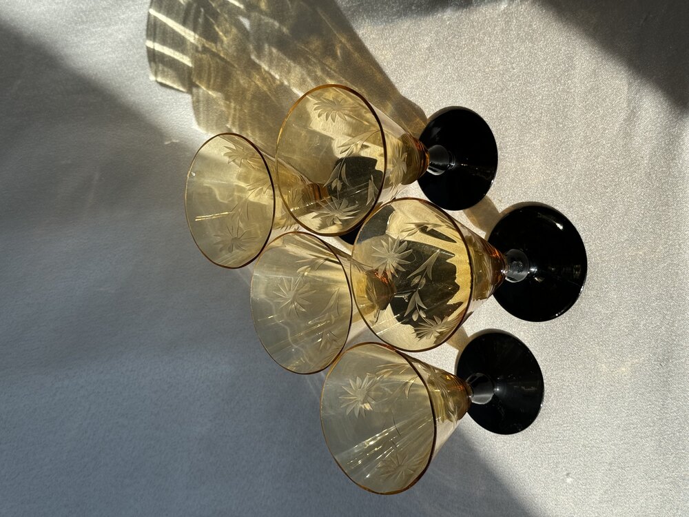 Vintage Çiçek Desenli Amber Kadeh Seti
