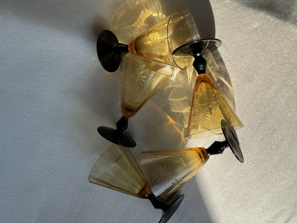 Vintage Çiçek Desenli Amber Kadeh Seti
