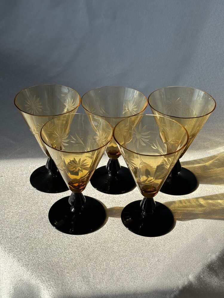 Vintage Çiçek Desenli Amber Kadeh Seti