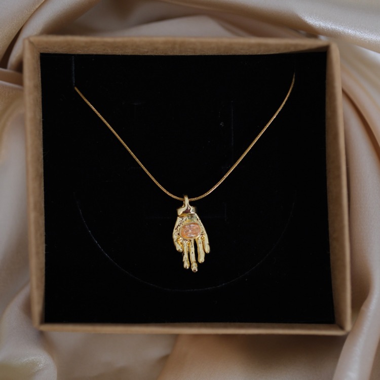 Pembe El Taşlı Vintage Kolye