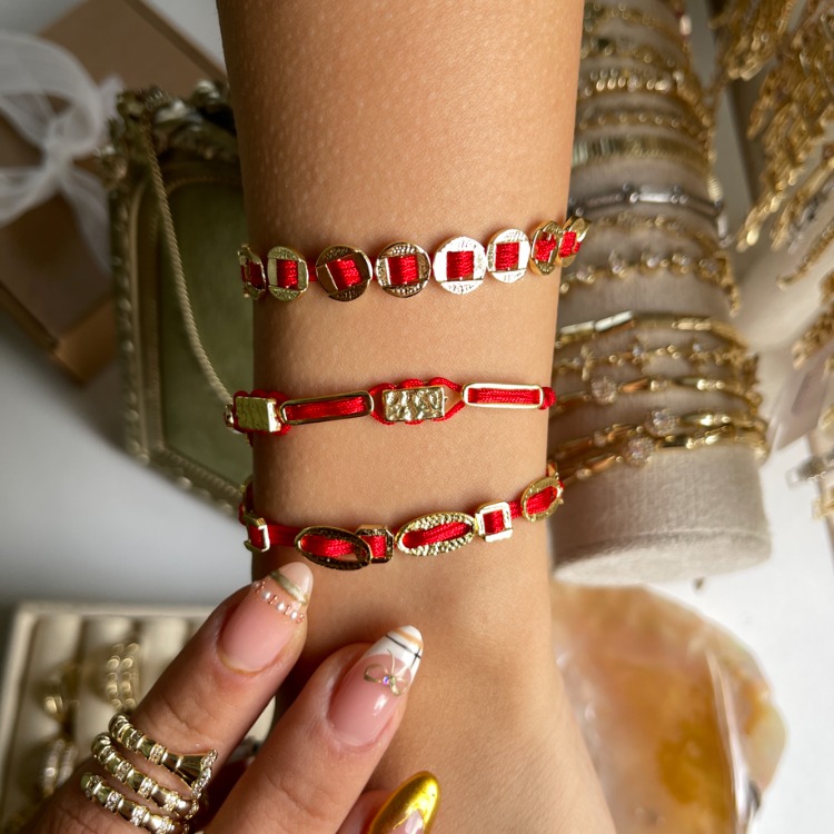 Kırmızı Retro Line 14K Gold Bileklik