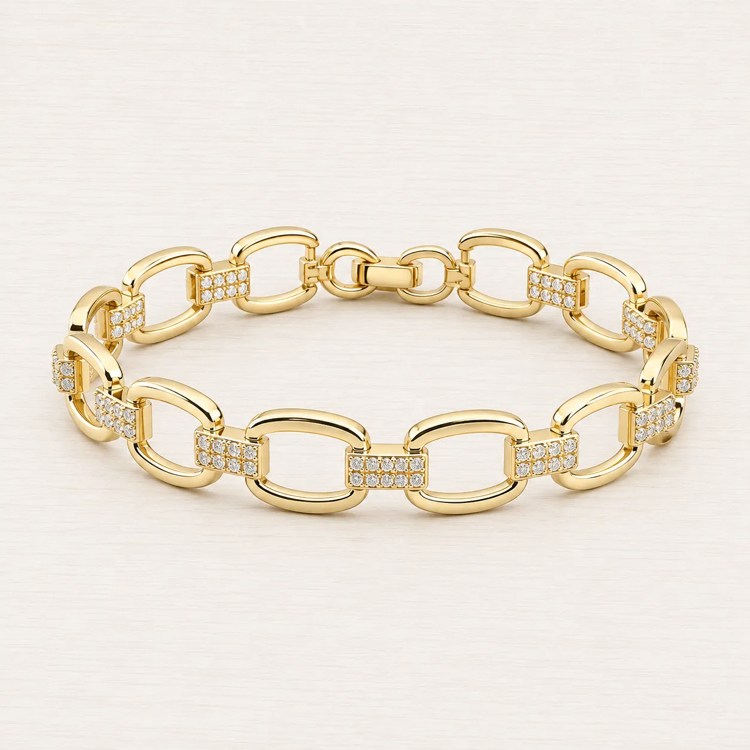 14K Altın Kaplama Zirkon Taş Detaylı Oval Zincir Gold Bileklik