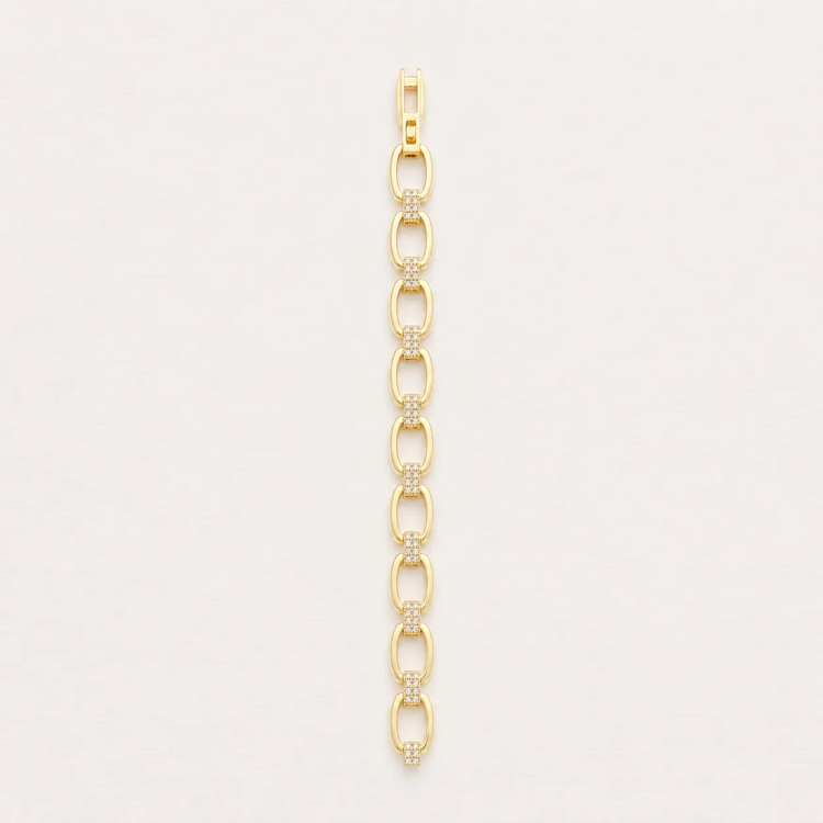 14K Altın Kaplama Zirkon Taş Detaylı Oval Zincir Gold Bileklik