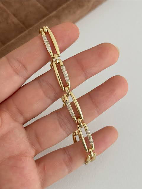 14K Altın Kaplama Gold Zirkon Taş Detaylı Büyük Zincir Luxury Bileklik