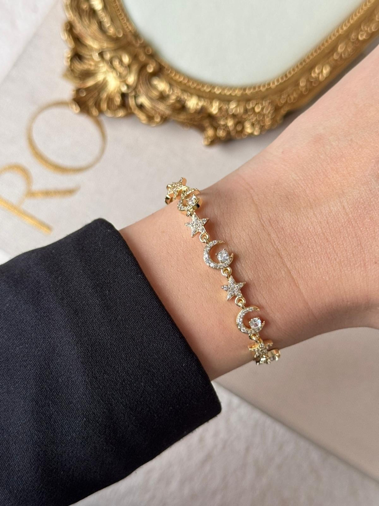 14K Altın Kaplama Zirkon Taşlı Ay Yıldız Gold Bileklik ⭐