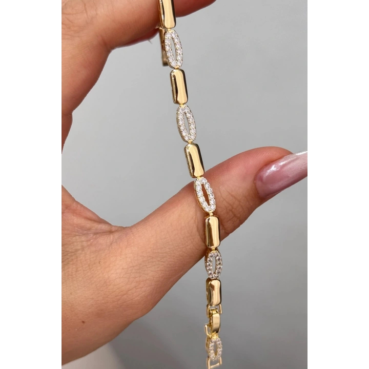 14K Altın Kaplama Zirkon Taşlı Geometrik Gold Bileklik