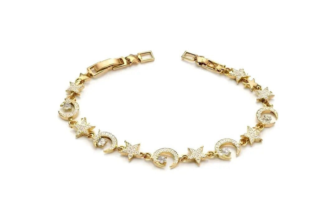 14K Altın Kaplama Zirkon Taşlı Ay Yıldız Gold Bileklik ⭐